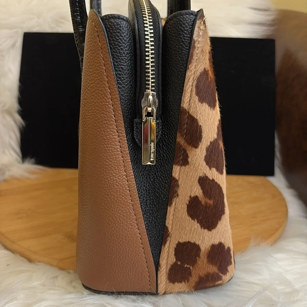 Kate Spade Margaux Medium Caviar Leather Leopard Calf Hair Crossbody Satchel Bag